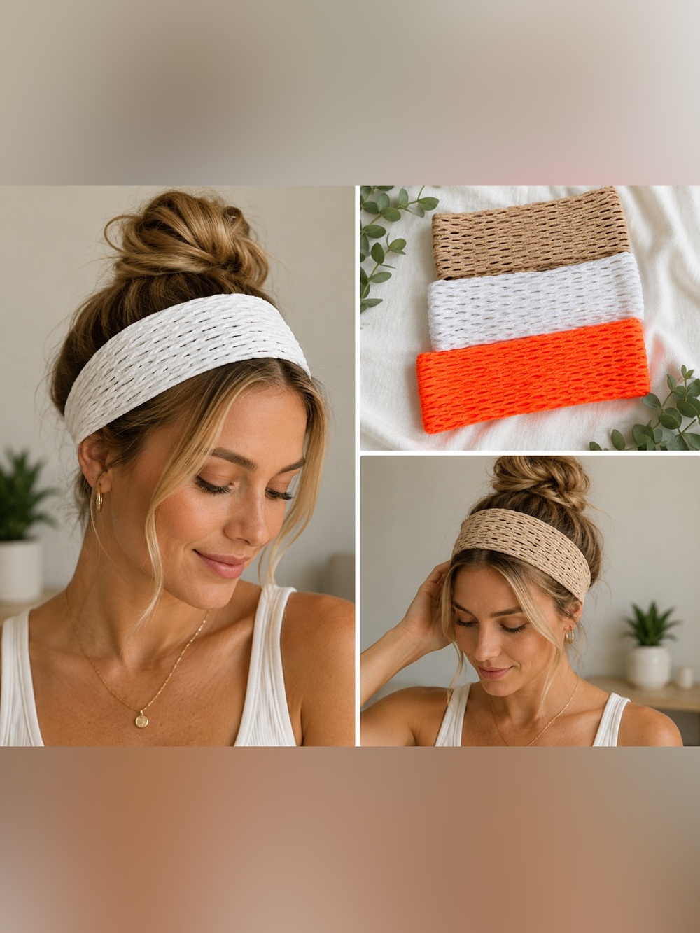 NWT Free People Stretchy
Open-Weave
Headbands Set of 3
Neutral White Neon
Orange